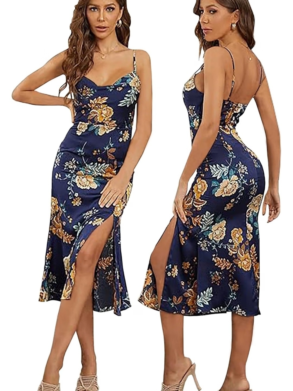 Navy Floral Satin Slip Dress Cowl Neck Midi Wedding Guest Cottagecore Size S